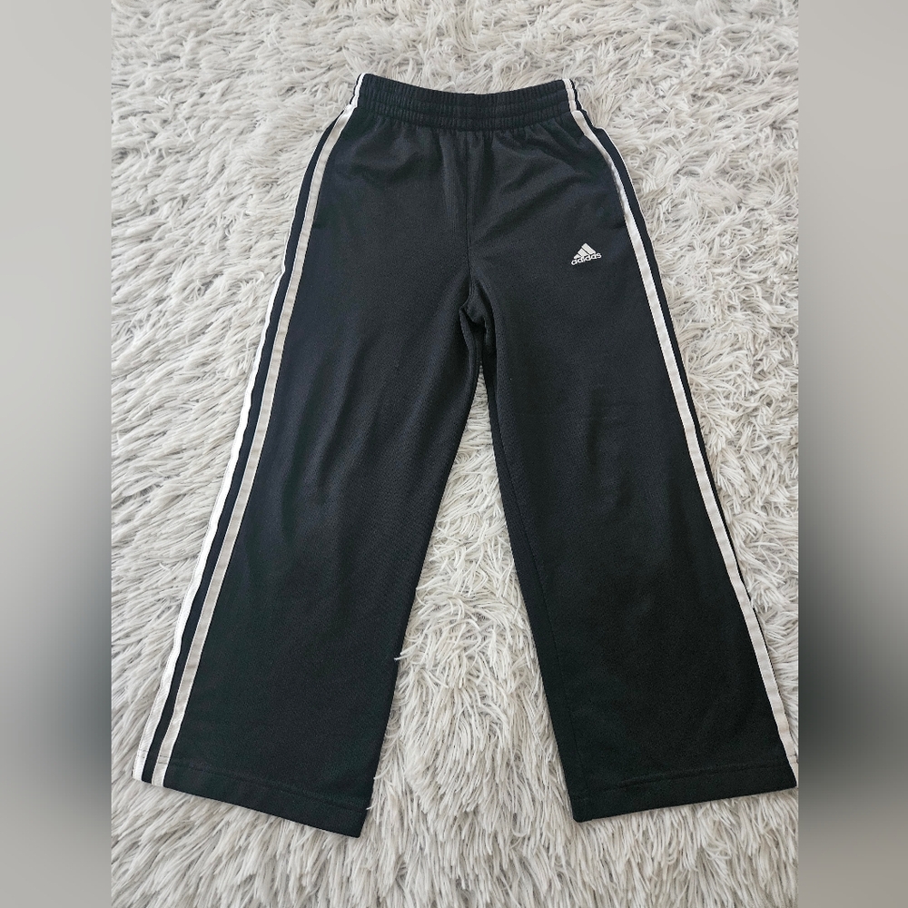 Vintage Adidas Kids Black Track Pants Boys Unisex Small Wide Leg Drawstring